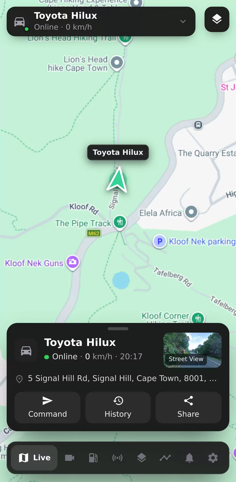 Trackerserver — the fleet app, a bakkie in Cape Town