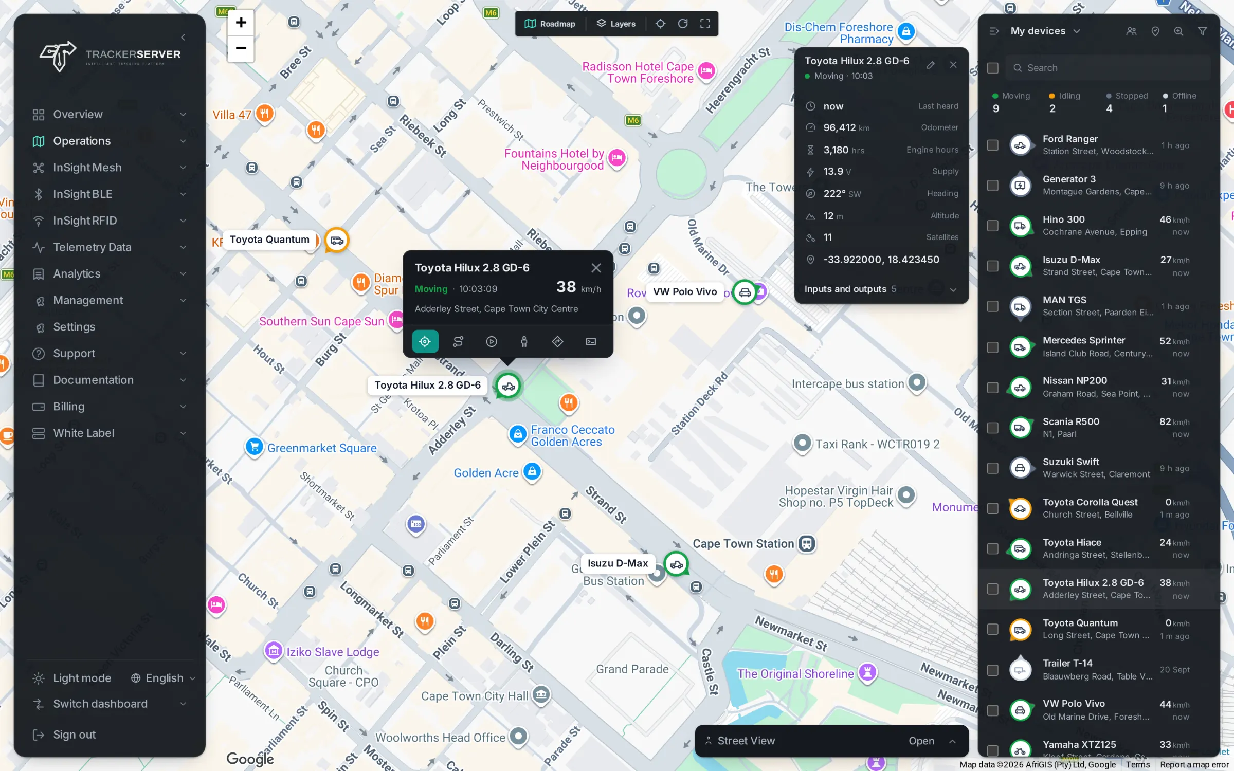 Trackerserver — the live map in Cape Town, with a bakkie selected