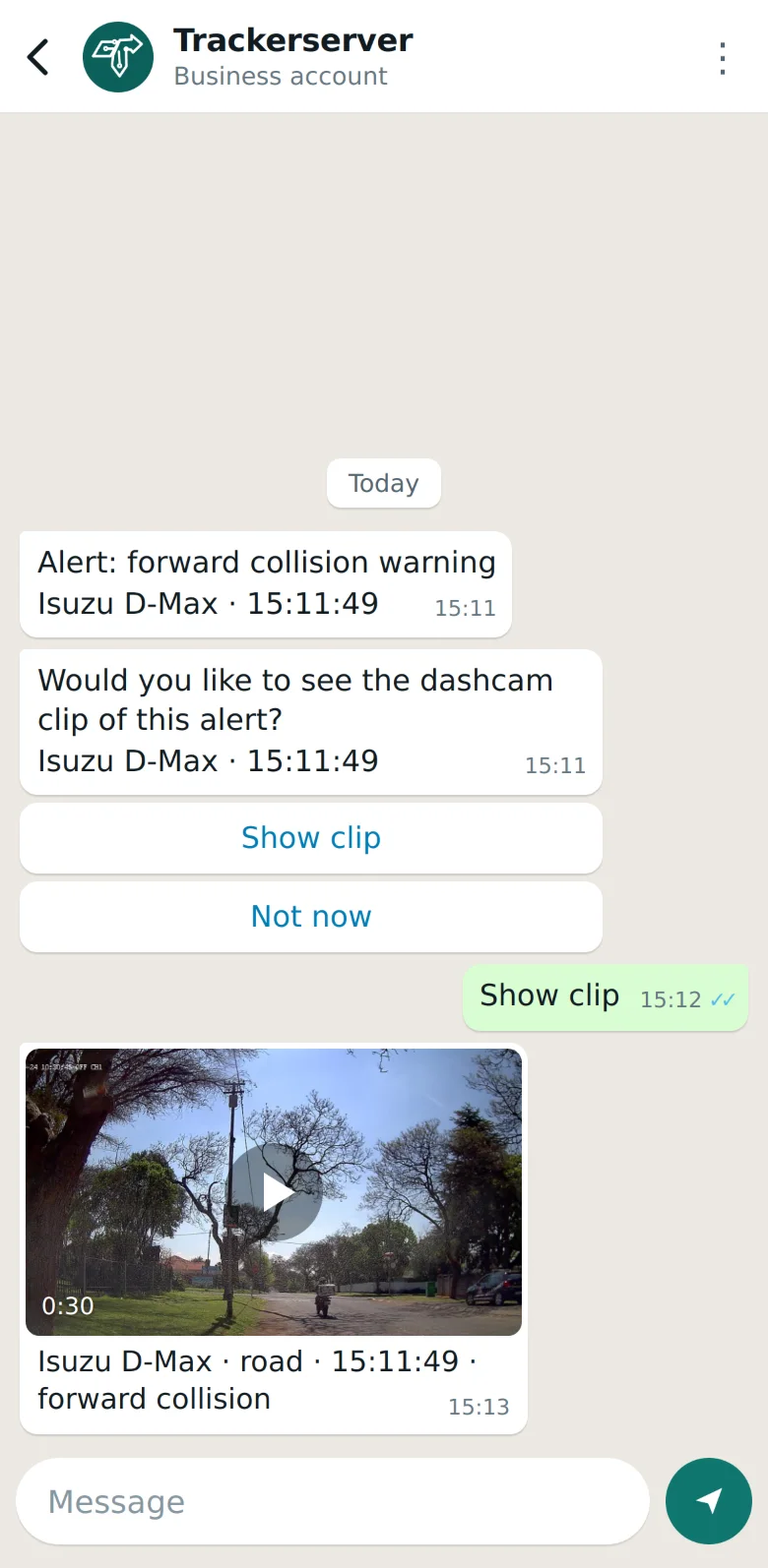 Trackerserver — a dashcam alarm on WhatsApp, with its clip