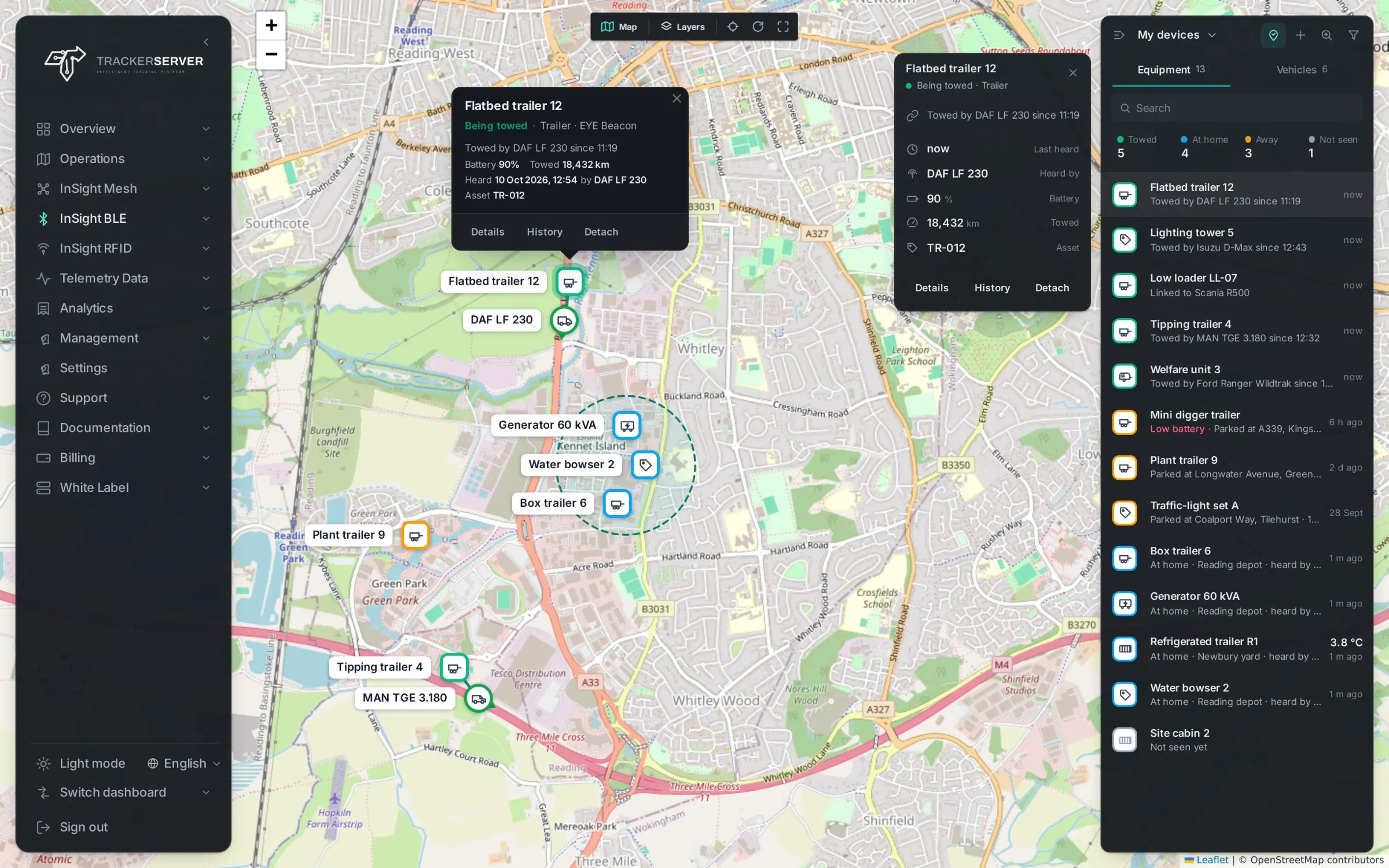 Trackerserver — InSight BLE, a trailer being towed on the live map