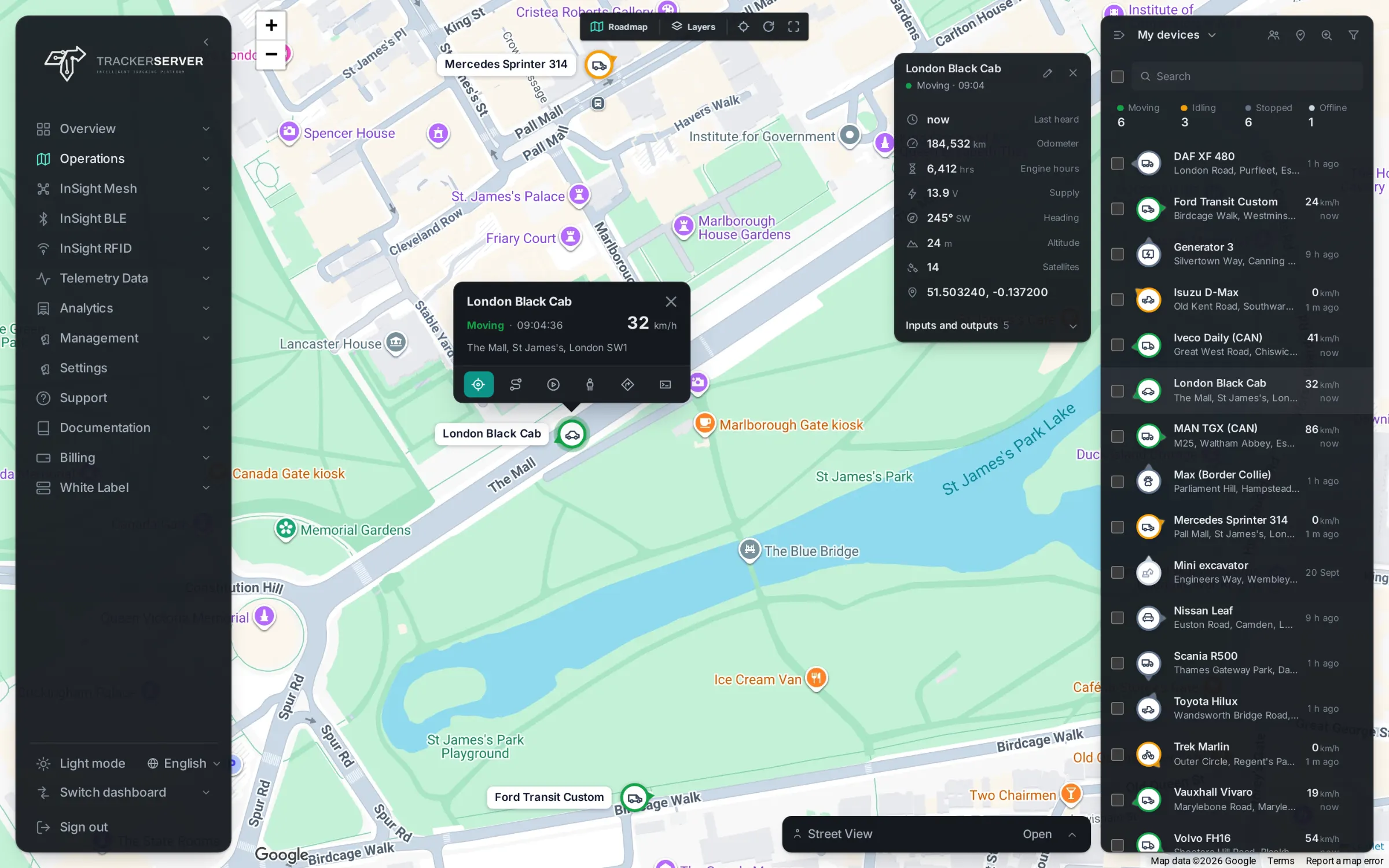 Trackerserver — the live map with a vehicle selected