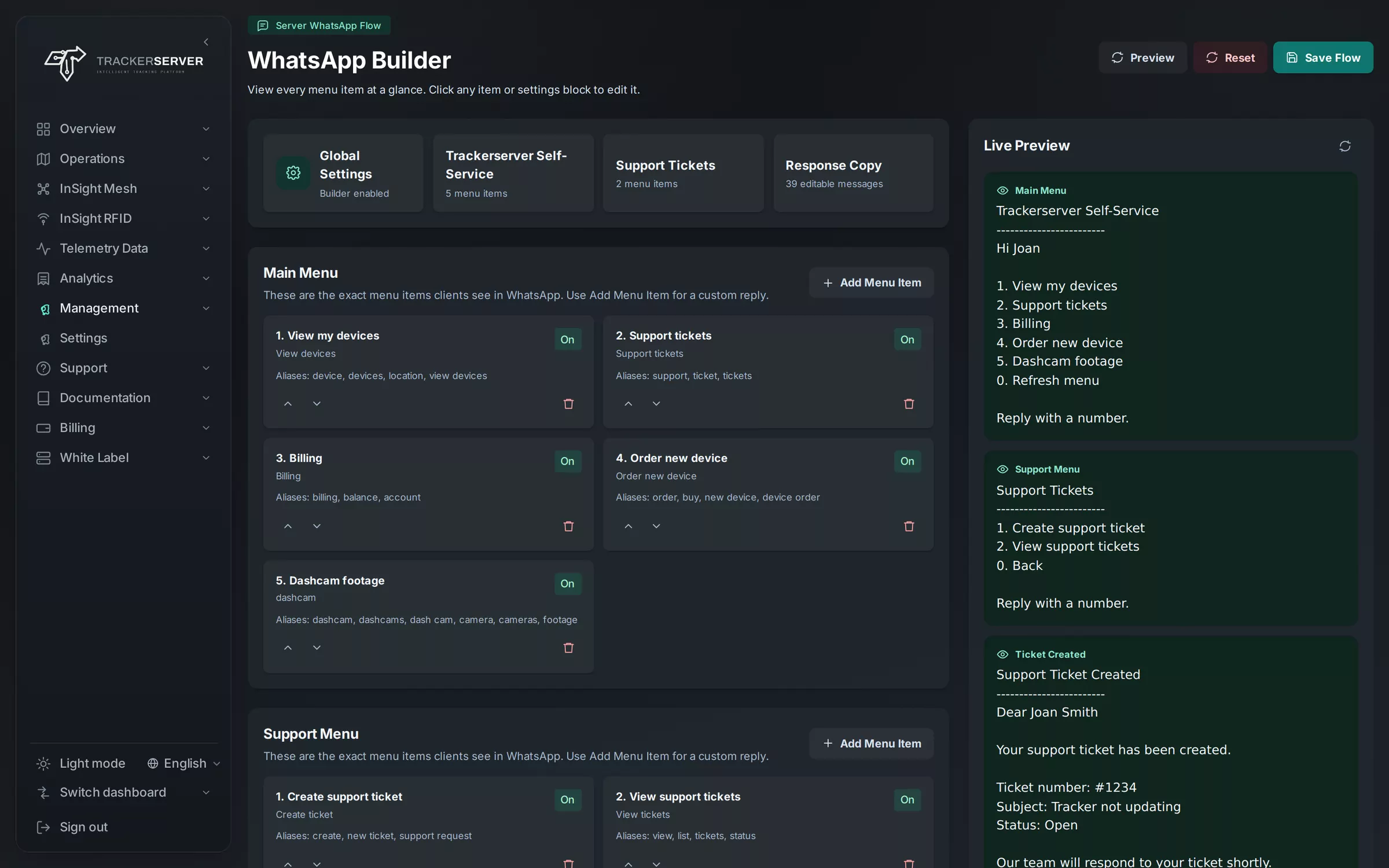 Trackerserver — the WhatsApp builder with its live preview